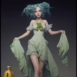 a young woman in a green dress with blue hair