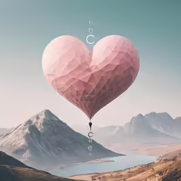 an abstract heart - shaped balloon rises above mountains on a mountaintop