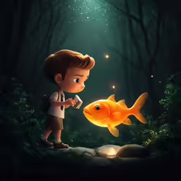 the boy who wants to feed a fish is looking at it in the mirror