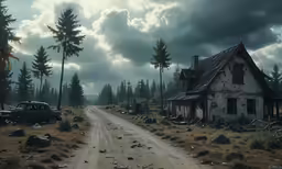 an old farm house in the middle of a forest