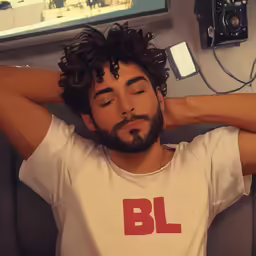 a man with curly hair is wearing a white t - shirt