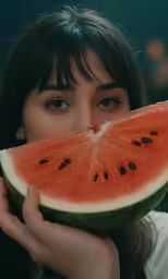 a girl eating a slice of watermelon in front of her face