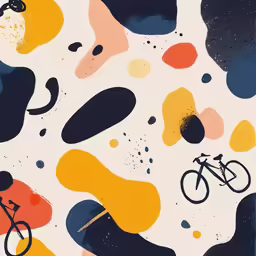 an artistic print of shapes and bikes in various colors