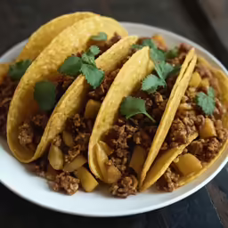 four tacos are in a plate with cilantro