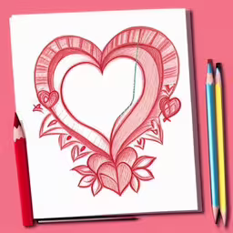 a piece of paper with a heart drawn on it,a drawing of a heart with flowers, leaves and hearts on it,some pencils and some drawing paper on a table,a drawing with a heart in it and two color pencils,the heart is drawn in pencil on a note
