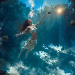 an underwater woman is catching a frisbee