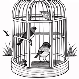a drawing of three birds in a birdcage,birds in a cage with grass and two birds on the ground,a bird sitting in a cage inside of it,two birds in a birdcage with a flying bird,birds sitting in a cage by a grass and sky