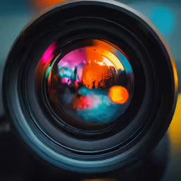 a reflection of bright lights on a camera lens