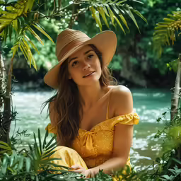 young woman in hat sitting near tree branch by water