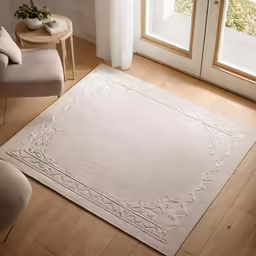 a large rug in a room next to a door