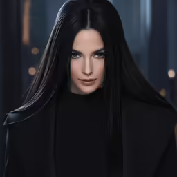 a woman in black jacket looking forward with her long hair flowing over her face