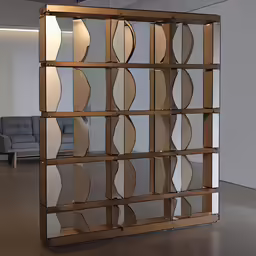 some glass shelves in a very big room