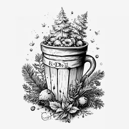 a mug filled with christmas decorations and fir,coffee cup in the middle of a christmas tree
