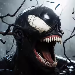 an alien with a scary look and mouth with fangs
