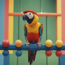 colorfully colored parrot sitting on a blue rail