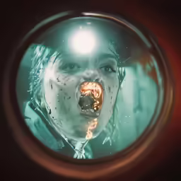 there is a person with his mouth open inside of a mirror