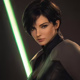 a woman with a green light saber in the background