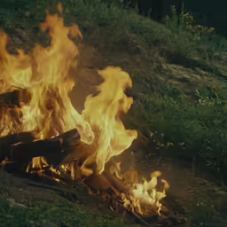 closeup of fire on ground in field with grass