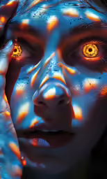 a woman is wearing glow orange eyes in her face