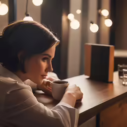 a woman leaning over the counter with her cup of coffee in front of her