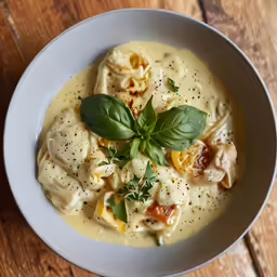 a bowl of dumplings, cheese and herbs