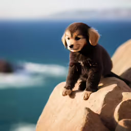 the dog is sitting on top of the big rock