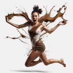 a woman running in the wind with coffee paint all over her body