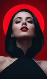 a woman with dark hair, wearing a black dress and red circle behind her