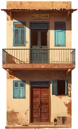 a photograph of two balconies with blue windows