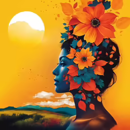 a painting of a girl with flowers on her head and a yellow background