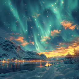 an artistic scene shows the sky, mountains and a frozen river at night,a night sky filled with stars above the mountains