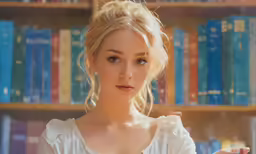 the young girl is sitting in front of bookshelves