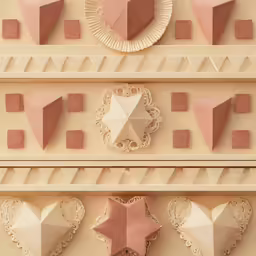 pink, beige, and white geometric shapes on shelves