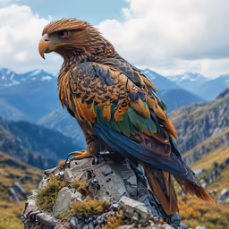 a brown and blue bird perched on a rock with mountains in the background