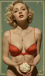 a woman wearing a bra holding a bowl of whipped cream