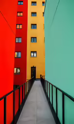 two buildings are in the middle of a walkway