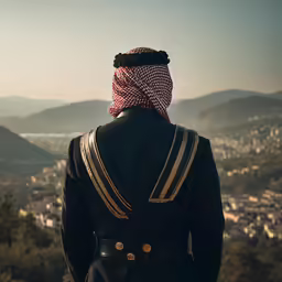 back view of a man wearing a turban and dress, overlooking the valley below