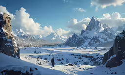 snow - capped mountains and a man standing in the middle