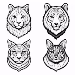 four variations of the heads of different wild animals,four heads of the lynx, tiger, and fox