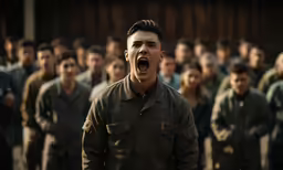 this man is shouting while standing out in front of a large group