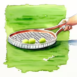 a hand holding a tennis racquet over four tennis balls,a tennis racket and three balls that are being held by someone,a tennis racket is broken over two tennis balls,this is a painting of a tennis racket and three tennis balls,an illustration of a racket that has four balls inside