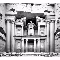 an old photo with columns, pillars and a clock