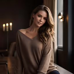 a woman sitting on top of a wooden table wearing a sweater