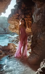 the beautiful girl is in the middle of an ocean cave