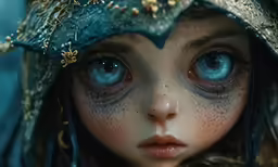 closeup of blue eyes and freckled hair, wearing a crown with an elaborate decoration