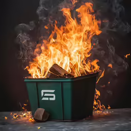 a green bin full of fire is on display