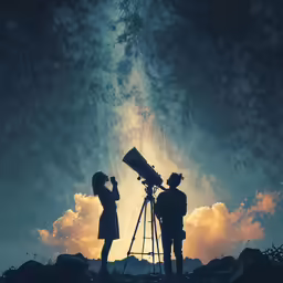 two people stand looking at the stars using a telescope