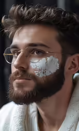 man with face cream on white face looking sideways