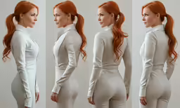 three different poses of a woman in white suits