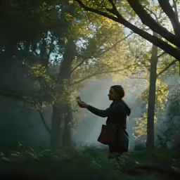 a woman holding onto a small brown paper bag in front of some trees